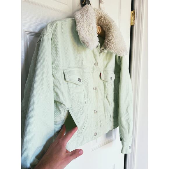 Levis Womens Cropped Corduroy Trucker Jacket Sherpa Lined Collar XS Mint Green - Picture 12 of 15